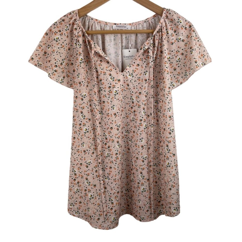 Simple Fun Keyhole Tie Tunic Blouse Flutter Cap Sleeve Women’s Size: Medium